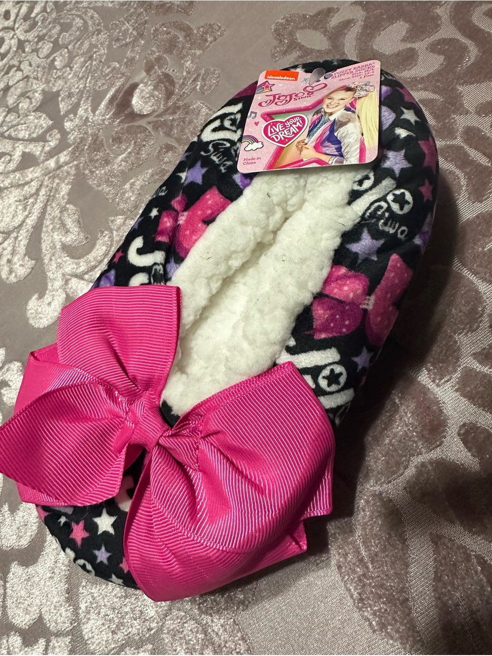 JoJo Siwa Black & Hot Pink Bow Plush Kids Slip-On Slippers